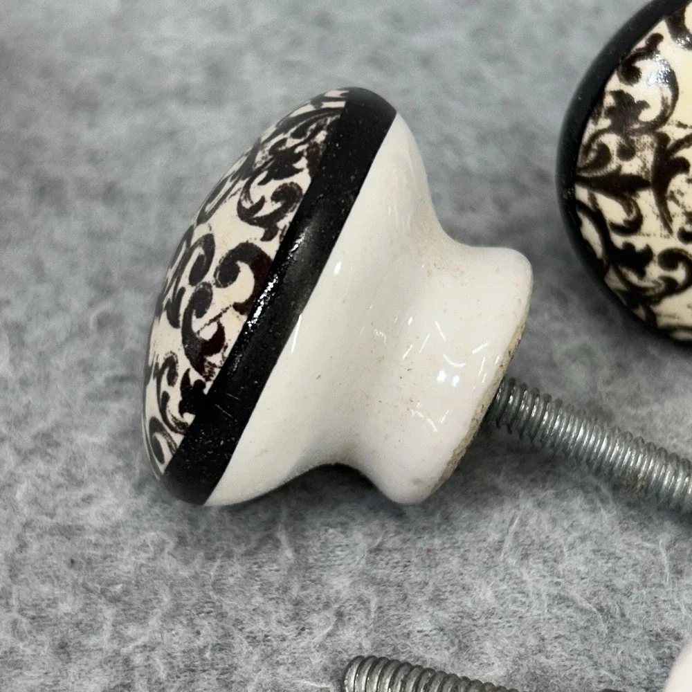 Vtg Porcelain Drawer Pulls floral damask, scroll Cabinet Knobs Lot 6 vine